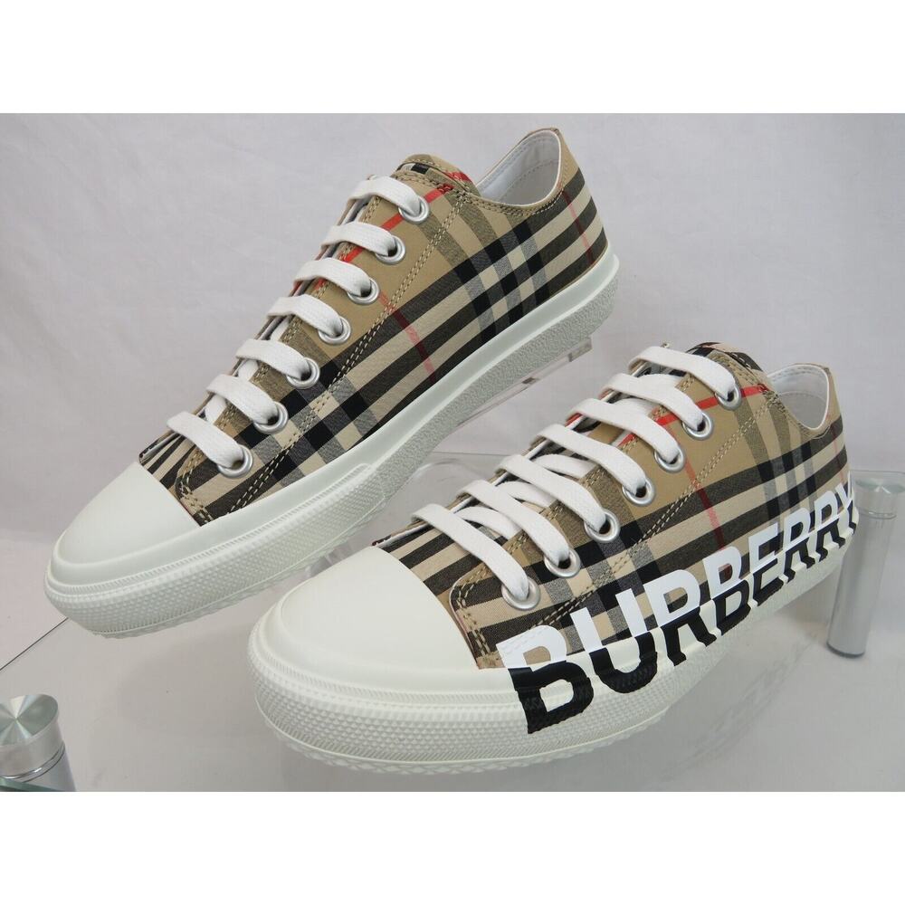NIB BURBERRY LARKHALL BEIGE CHECK CANVAS LOGO WHITE CAP TOE UNISEX SNEAKERS 42 - Picture 4 of 13